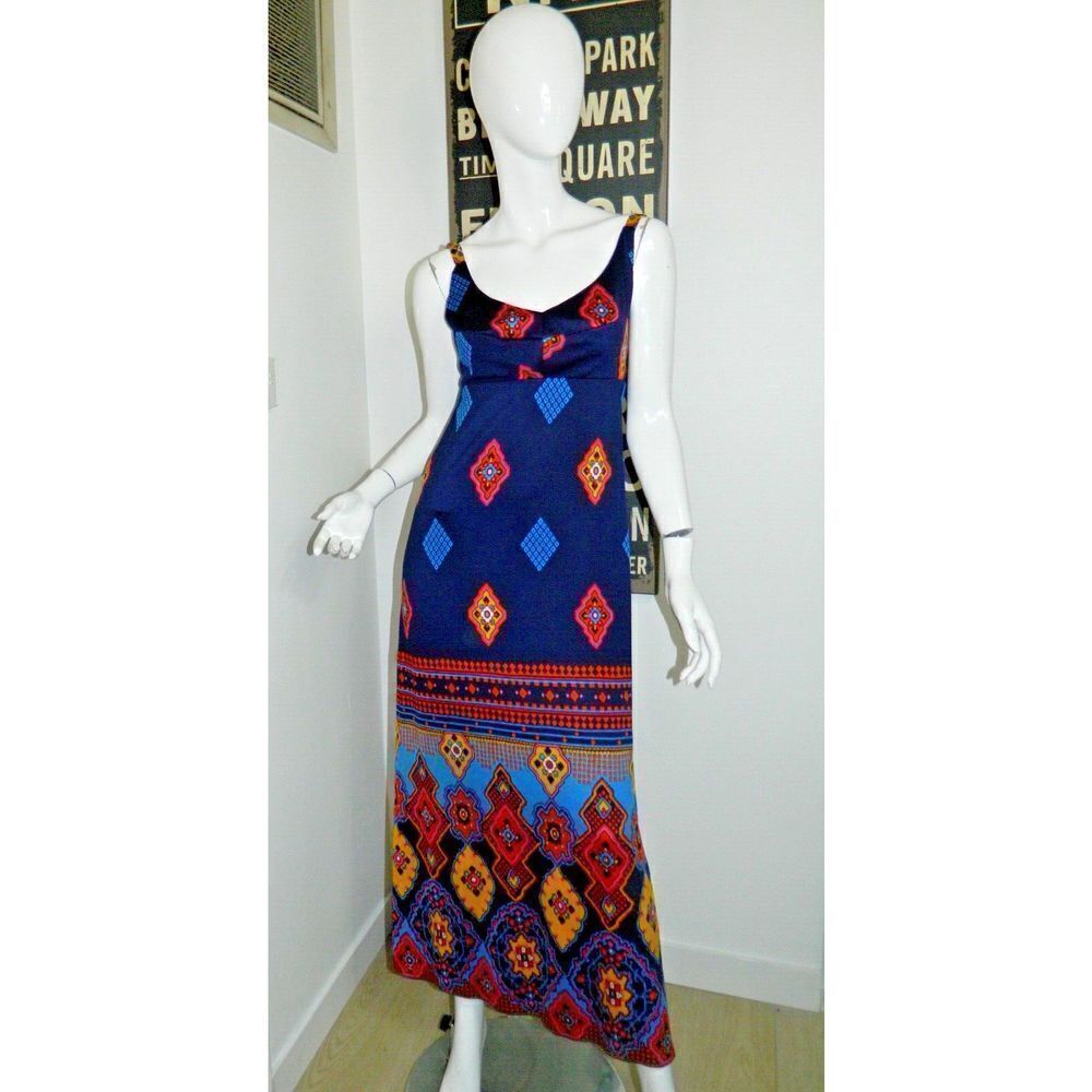 Arnel Dress Maxi Blue Aztec Print  Vintage Geometric 1970's‎ Psychedelic Size 36